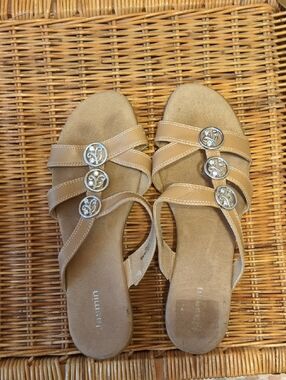 Jasmine Tan Strappy Sandals with Silver Floral Medallions